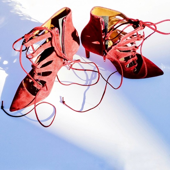 Booties Rust Wine Suede Lace Up Cage Gladiator Heels Sz 9.5 BIANCA DI - Picture 7 of 10